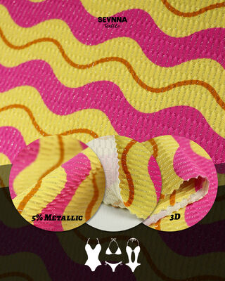 ผ้าชุดว่ายน้ำรีไซเคิลที่เป็นมิตรต่อสิ่งแวดล้อม มีส่วนผสมของไนลอนรีไซเคิล 78% เงินเมทัลลิก 5% และสแปนเด็กซ์ 17%