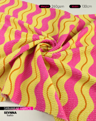 ผ้าชุดว่ายน้ำรีไซเคิลที่เป็นมิตรต่อสิ่งแวดล้อม มีส่วนผสมของไนลอนรีไซเคิล 78% เงินเมทัลลิก 5% และสแปนเด็กซ์ 17%