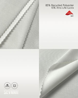 ผ้า Lycra stretch ที่มีพอลิเอสเตอร์รีไซเคิล 85% ป้องกันแสง UV และลดความชื้นสําหรับชุดออกกําลังกายและชุดว่ายน้ํา